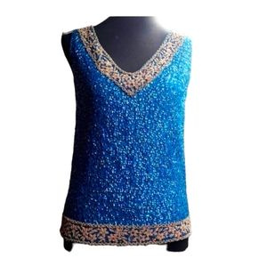 Vintage Sequin Beaded Shell Fancy Sleeveless Wool Knit Cocktail Top Size…